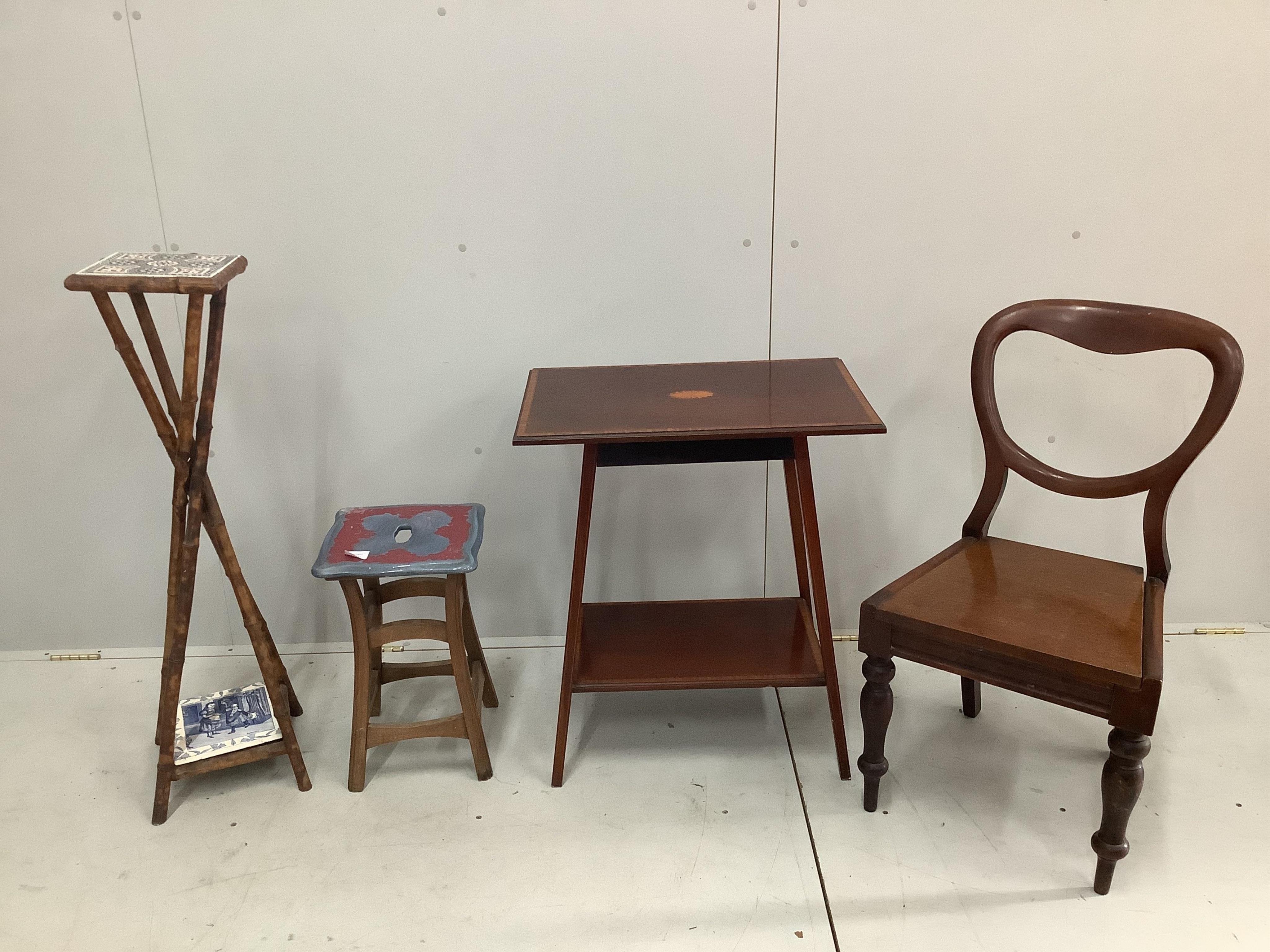 A late Victorian bamboo tiled two tier plant stand, height 96cm, an Edwardian inlaid rectangular two tier table, a Victorian dining chair and a ceramic and beech stool. Condition - poor to fair